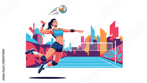 Volleyball spike urban mural vector illustration with bold flat colors and graffiti city background, energetic street sports artwork created for advertising and modern branding use