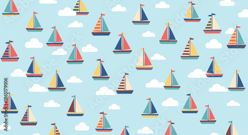 A cute seamless pattern for kids featuring colorful cartoon sailboats floating among white clouds on a light blue sky background.