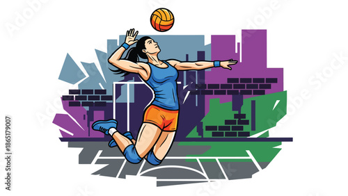 Volleyball spike urban mural vector illustration with bold flat colors and graffiti city background, energetic street sports artwork created for advertising and modern branding use