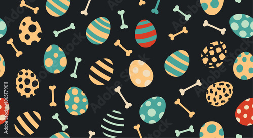 A fun seamless pattern of colorful prehistoric dinosaur eggs and bones scattered on a dark background, perfect for kids' designs.