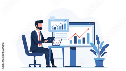 Bearded businessman in a suit diligently analyzing financial data on multiple screens and laptops in a modern office environment.