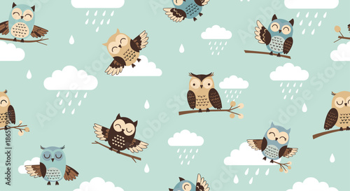 A cute seamless pattern of cartoon owls on branches, flying through the rain and clouds on a light blue background vector.