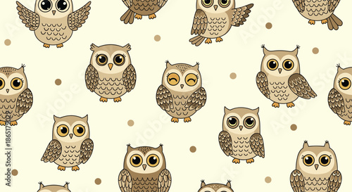 An adorable seamless pattern of cute, big-eyed cartoon owls standing on a light background with brown polka dots for kids.