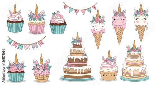 A sweet collection of unicorn-themed party desserts, including cupcakes, ice cream cones, and tiered cakes, with cute decorations.