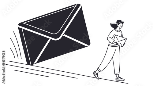 A woman walks with a large envelope beside a smaller one