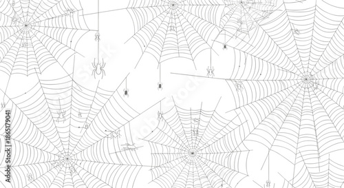 A spooky and minimalist seamless Halloween background with a dense network of thin black spiderwebs on a white background.