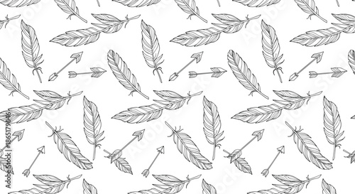A seamless pattern of hand-drawn boho style feathers and arrows, created in a black and white tribal or ethnic sketch design.