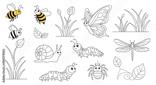 Set of cute cartoon insects and plants for kids, including tracing outlines for coloring pages and educational activities.