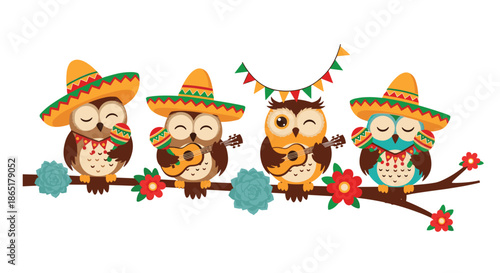 Four cute cartoon owls in sombreros playing guitar and maracas on a floral branch for a festive mariachi celebration.