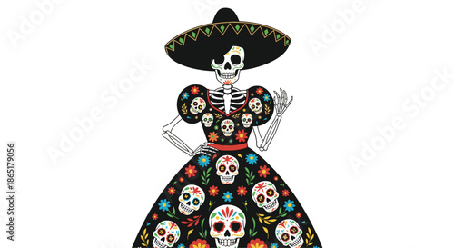 A beautiful illustration of a Calavera Catrina skeleton figure for Dia de los Muertos, wearing a traditional dress and sombrero.