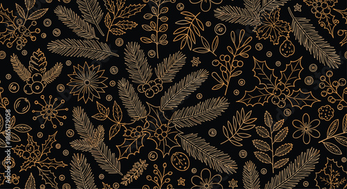 An elegant seamless Christmas pattern with golden outline drawings of holly, berries, and pine branches on a solid black background.