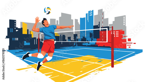 Volleyball spike urban mural vector illustration with bold flat colors and graffiti city background, energetic street sports artwork created for advertising and modern branding use