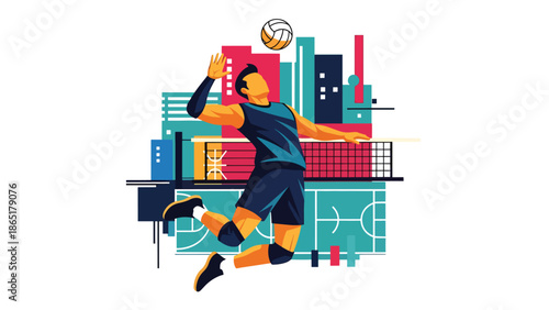 Volleyball spike urban mural vector illustration with bold flat colors and graffiti city background, energetic street sports artwork created for advertising and modern branding use