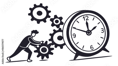 A man pushing gears to turn a large clock in a vector illustration