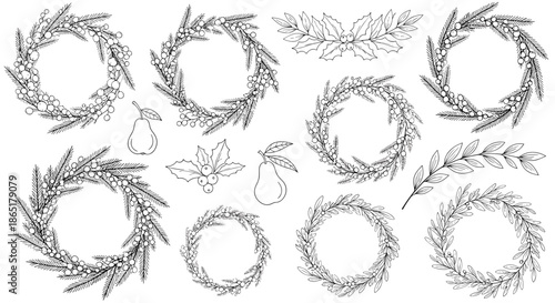 Hand-drawn collection of black and white winter holiday wreaths with berries, pears, and holly for festive decorations.