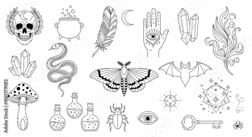Collection of hand-drawn mystical and witchcraft symbols in a black and white line art style for esoteric designs.