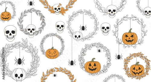 Spooky seamless Halloween pattern with hand-drawn skulls, jack-o-lanterns, spiders, and autumn wreaths on a white background.