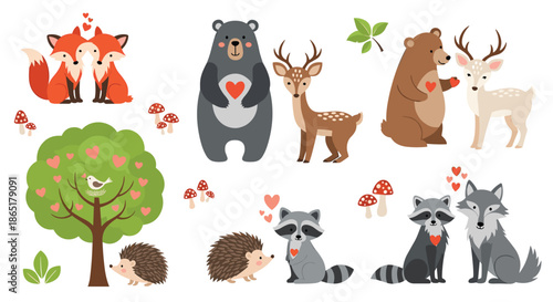Cute collection of woodland animal couples in love, including foxes, bears, and deer, for Valentine's Day celebrations.