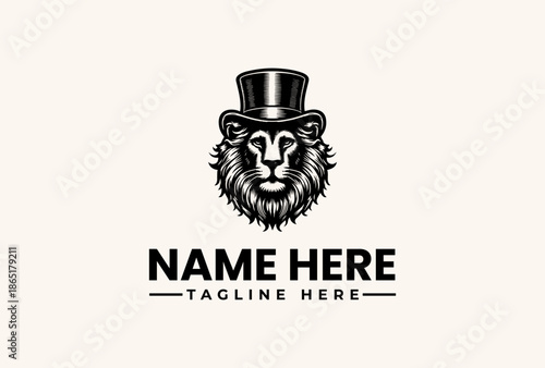 Black and white illustration of a lion's head wearing a top hat and text placeholder on a beige background, conveying a classic and elegant mood with a shallow focus.