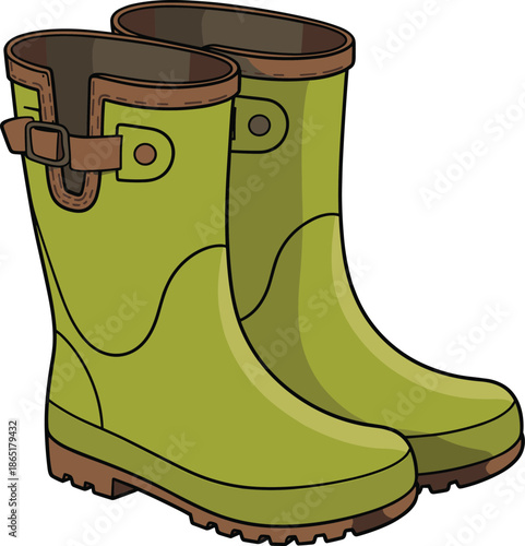 Pair of lime green rubber boots with brown accents and buckles