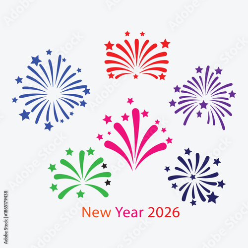 Colorful fireworks bursts vector illustration symbolizing new year 2026 celebration