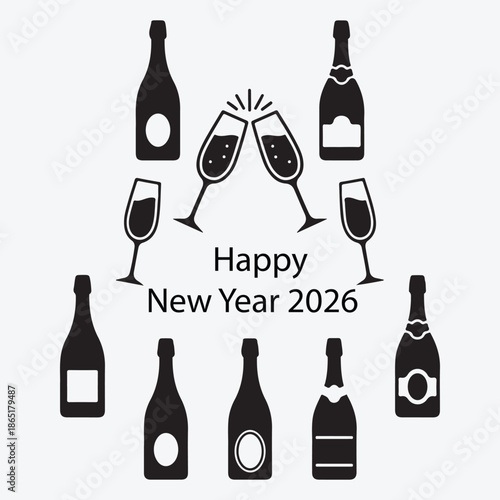 Happy new year 2026 celebration with champagne bottles and clinking glasses graphic