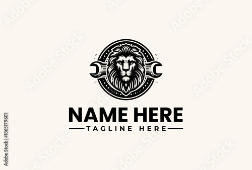 A black and white illustration of a lion's head logo with a circular border and text placeholder on a plain beige background.
