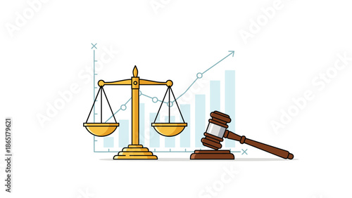 Illustrative depiction of a traditional scale of justice and a wooden gavel, positioned against a backdrop of financial growth charts.