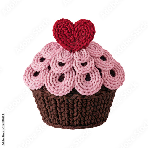 A crocheted cupcake with pink frosting and a red heart on transparent background