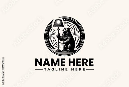 Black and white illustration of a bear sitting under a lamp in a circular logo design with a sunburst background and sample text on a beige background.