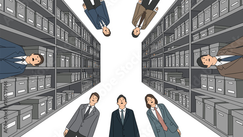 Low-angle perspective of business professionals looking upwards from a vast archive, surrounded by towering shelves of files.