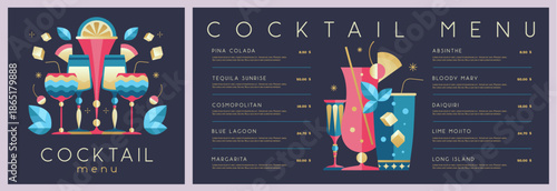 Retro holiday restaurant cocktail menu design on black background. Flat design. Vector illustration