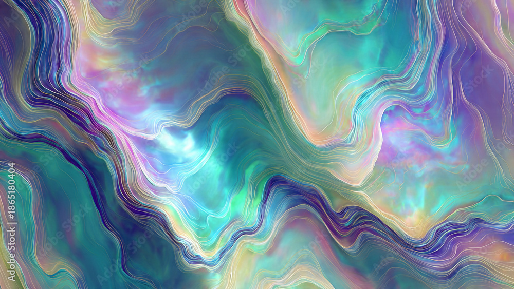 Fototapeta premium Exotic Abalone Shell Iridescent Background with Fluid Holographic Swirls and Deep Gradient