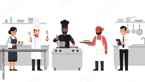 Busy professional kitchen scene with diverse chefs and kitchen staff diligently working, preparing, and serving gourmet food.