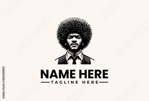 A black and white illustration of a man with an afro and suit on a clean background, with a placeholder text for name and tagline.