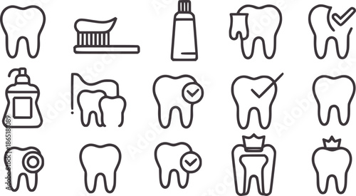 Monochrome line dental care set with toothbrush toothpaste and teeth symbols