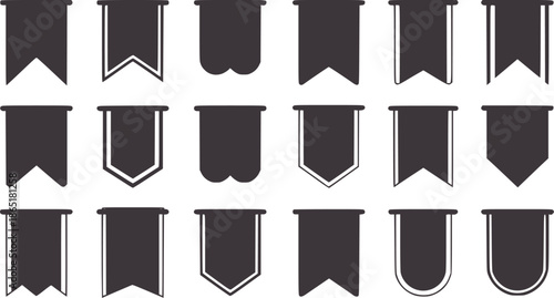 Sixteen black banner shapes in various styles