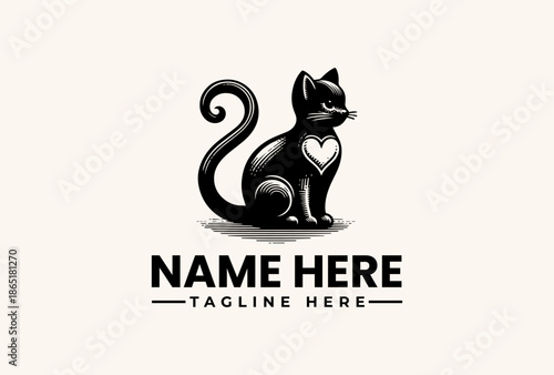 A black cat with a heart on its chest sits on a plain background, accompanied by a customizable logo template with placeholder text.