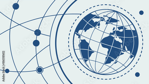 Vector design of a global network with Earth, internet, blockchain, IoT, digital transformation, and cyber technologies for international business graphics.