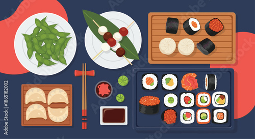 Top-down flat lay illustration of a delicious assortment of Japanese food, including sushi, gyoza, edamame, and dango.