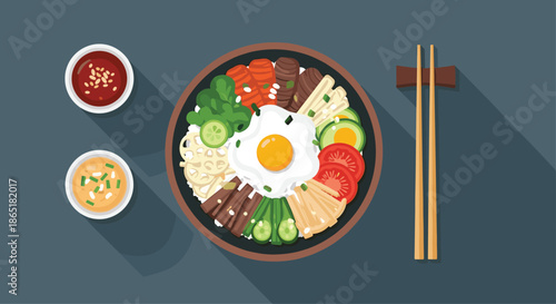Top-down view of a delicious and colorful bowl of traditional Korean bibimbap with an egg, vegetables, meat, and side sauces.