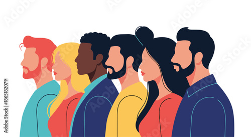 Side profile view of a diverse group of men and women of different ethnicities and races standing together in a line.
