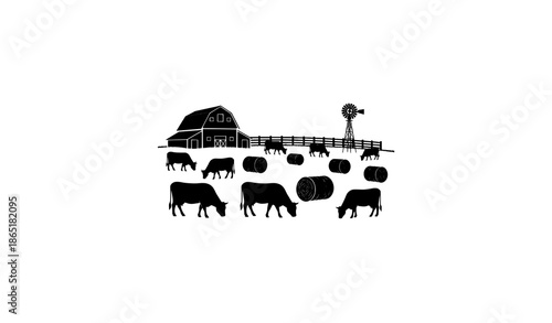 Dairy cow farm silhouette vector icon set with livestock barn tractor and fence isolated on white background