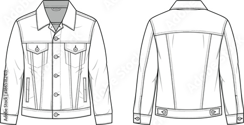 Fashion flat sketch of a men's classic denim trucker jacket, showing front and back views with detailed stitching, technical drawing vector illustration for apparel design.
