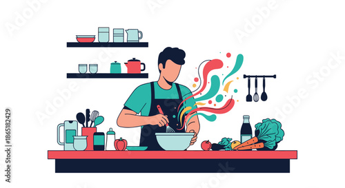 Young man wearing an apron and whisking ingredients in a bowl, cooking a delicious and creative meal in the kitchen.