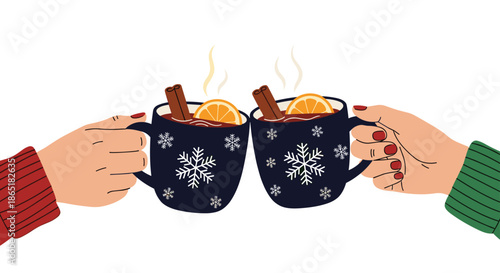 Two people in sweaters toasting with festive mugs of hot mulled wine, celebrating Christmas or a cozy winter holiday.