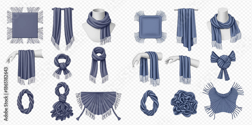 Blue Scarf Mockup Set: Various Styles and Folds of Fabric Accessories with Fringes.