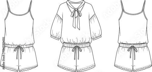 Sleeveless and three-quarter sleeve women's summer romper with cinched waist, thin shoulder straps, bow tie neckline, and mini length shorts fashion flat sketch template, vector.