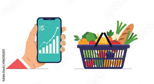 Concept of food price inflation showing a full grocery basket next to a hand holding a phone with a rising price chart.