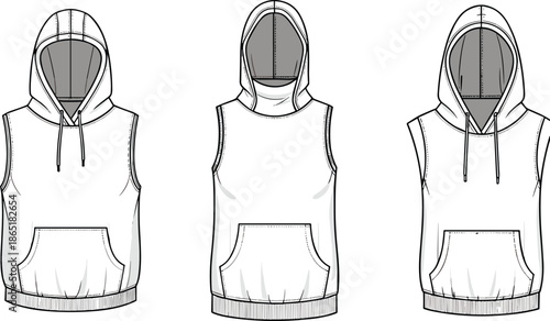 Fashion flat sketch of a sleeveless hoodie sweatshirt, featuring a large kanga pocket and drawstring details, technical drawing vector illustration for apparel design.